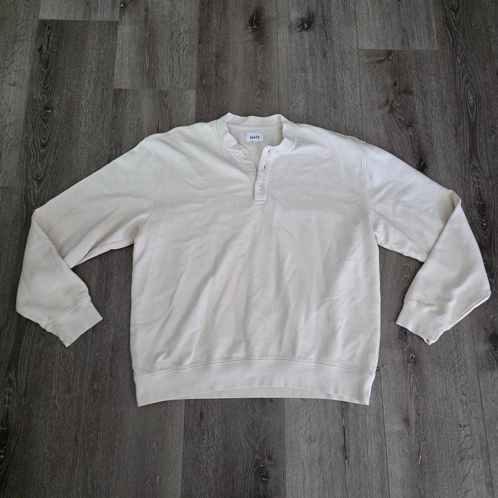 Mate The Label Organic Cotton Bone White Henley Crew Neck Sweatshirt Size L NWOT